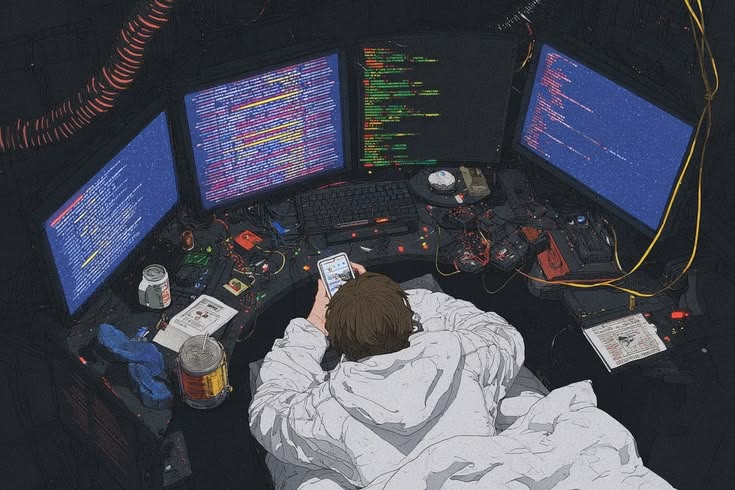 Anime-style coding workstation with multiple monitors